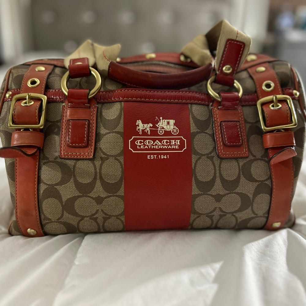Coach Red and Brown Signature Handbag